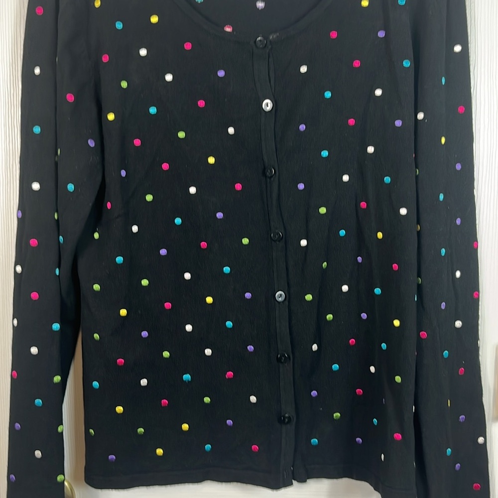 NWOT Dressbarn black long sleeved cardigan sweater w multi colored dots. XL - Picture 3 of 7